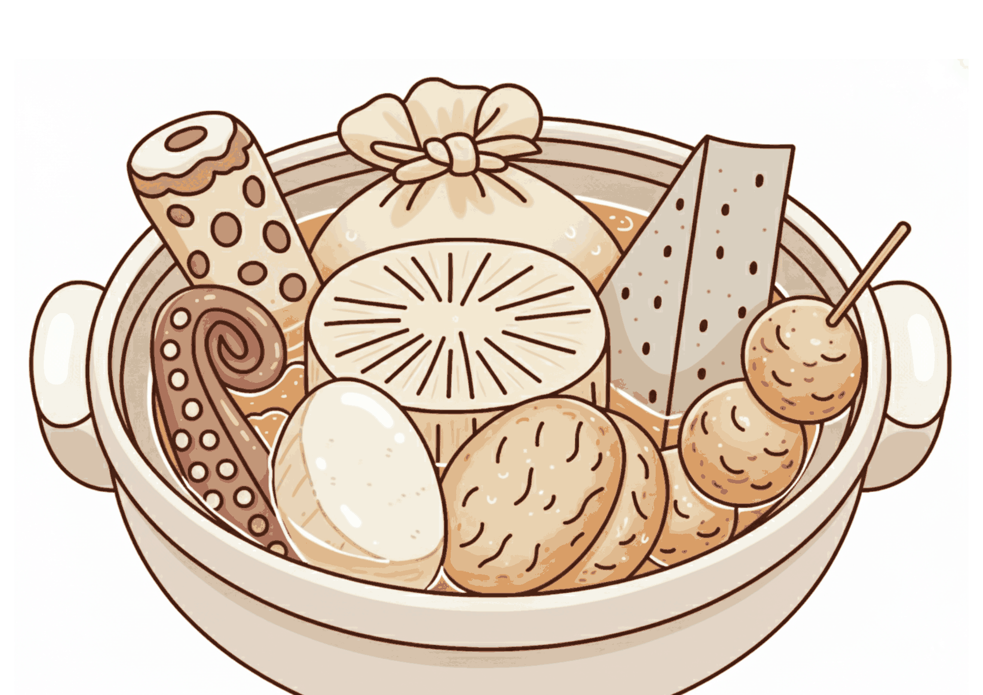 おでんの無料ぬりえイラスト。大根・ちくわ・たまごなど具材豊富な高齢者向け素材。見本付きで塗りやすく、冬の塗り絵に最適です。