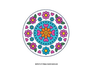 お花とハートの曼荼羅の塗り絵イラスト カラー見本（無料・印刷OK）