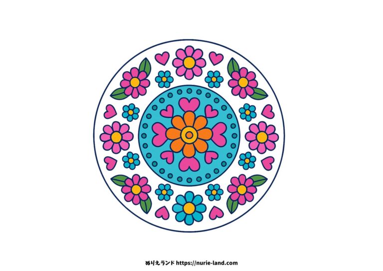 お花とハートの曼荼羅の塗り絵イラスト