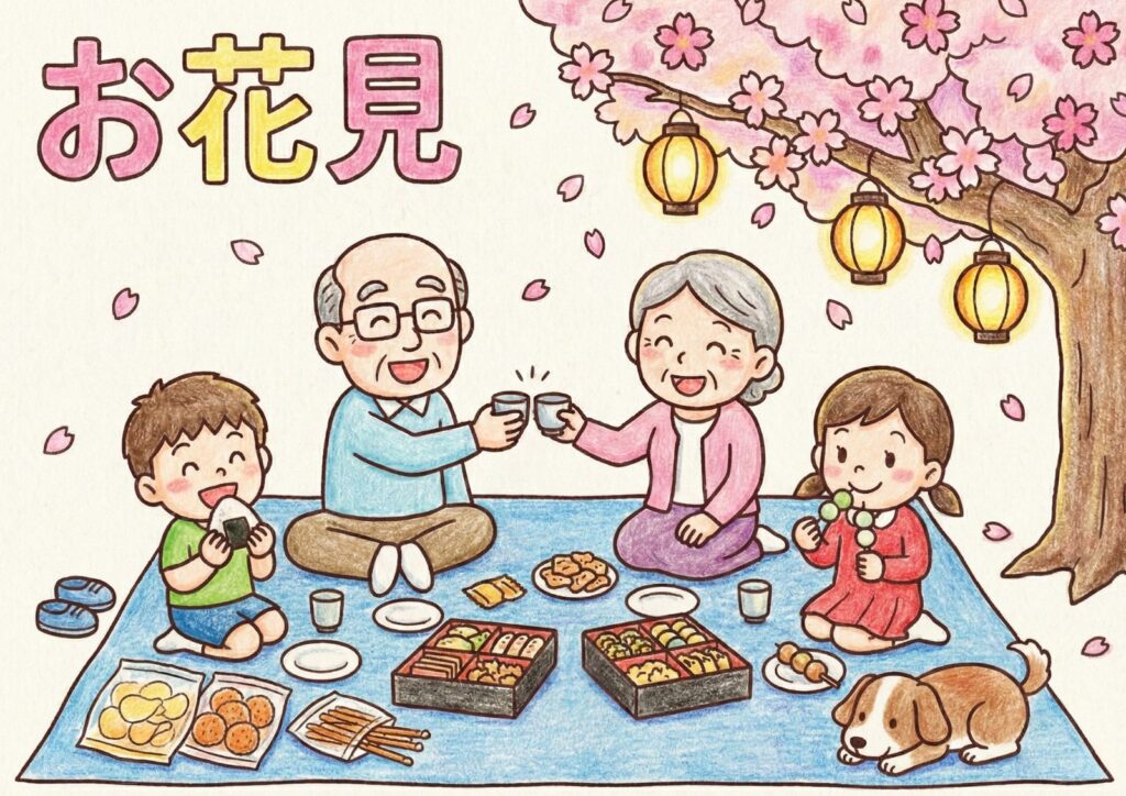 お花見の家族ぬりえイラストの塗り絵イラスト カラー見本（無料・印刷OK）