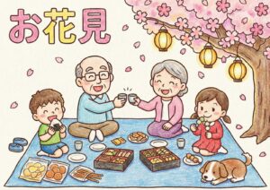 お花見の家族ぬりえイラストの塗り絵イラスト カラー見本（無料・印刷OK）