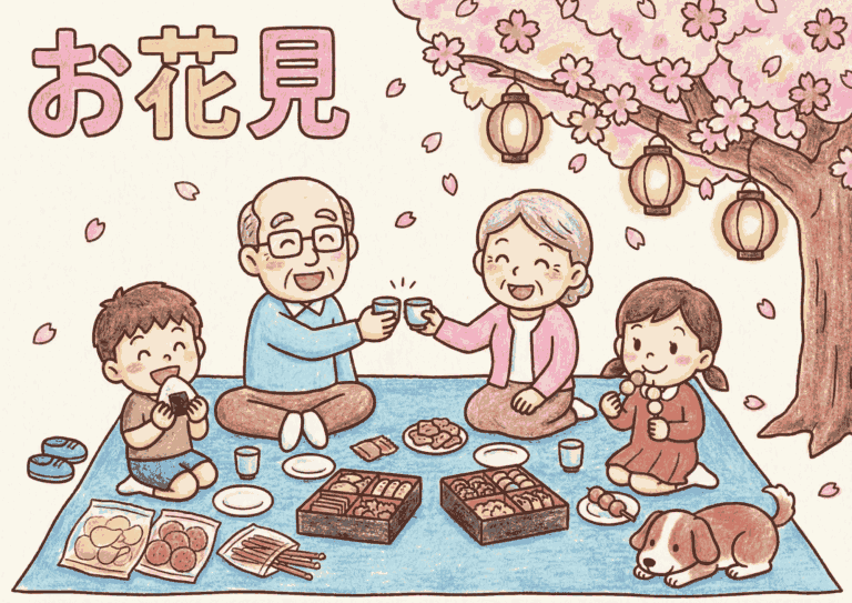 お花見の家族ぬりえイラストの塗り絵イラスト