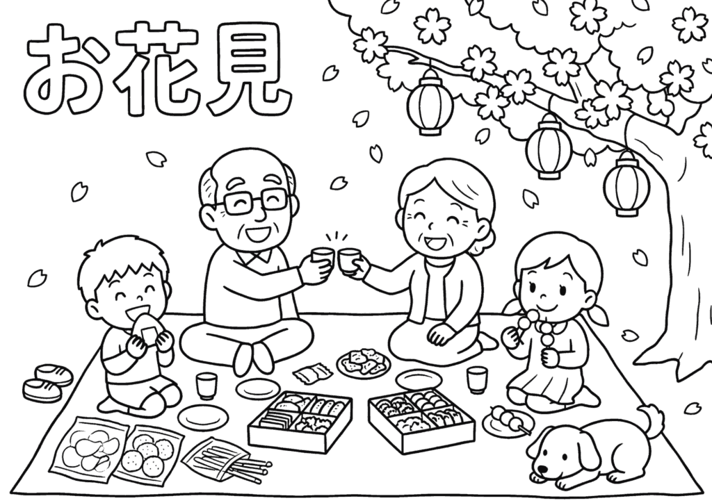 お花見の家族ぬりえイラストの塗り絵 白黒 無料ダウンロード 印刷用