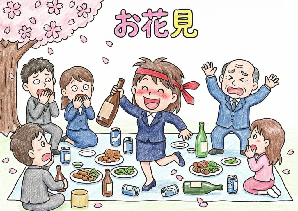 お花見パーティーの塗り絵イラスト カラー見本（無料・印刷OK）