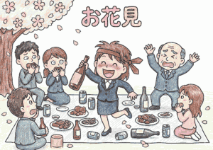 お花見パーティーの塗り絵イラスト無料ダウンロード用フリー画像素材