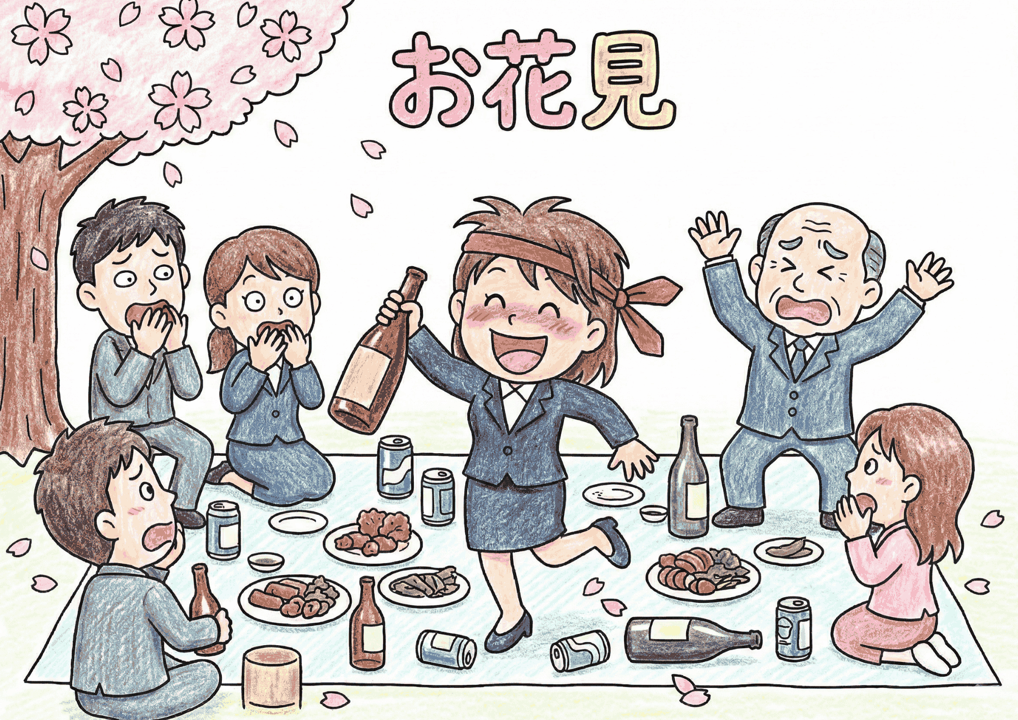 お花見パーティーの塗り絵イラスト無料ダウンロード用フリー画像素材