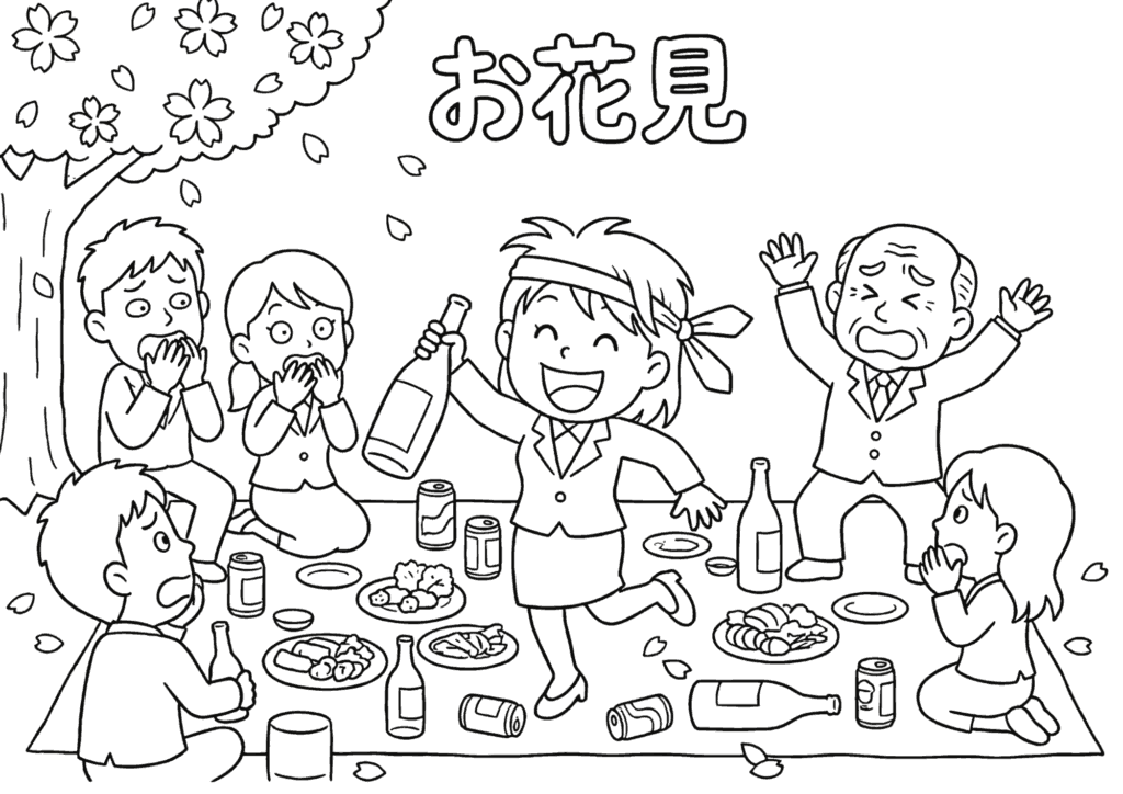 お花見パーティー塗り絵イラストの塗り絵 白黒 無料ダウンロード 印刷用