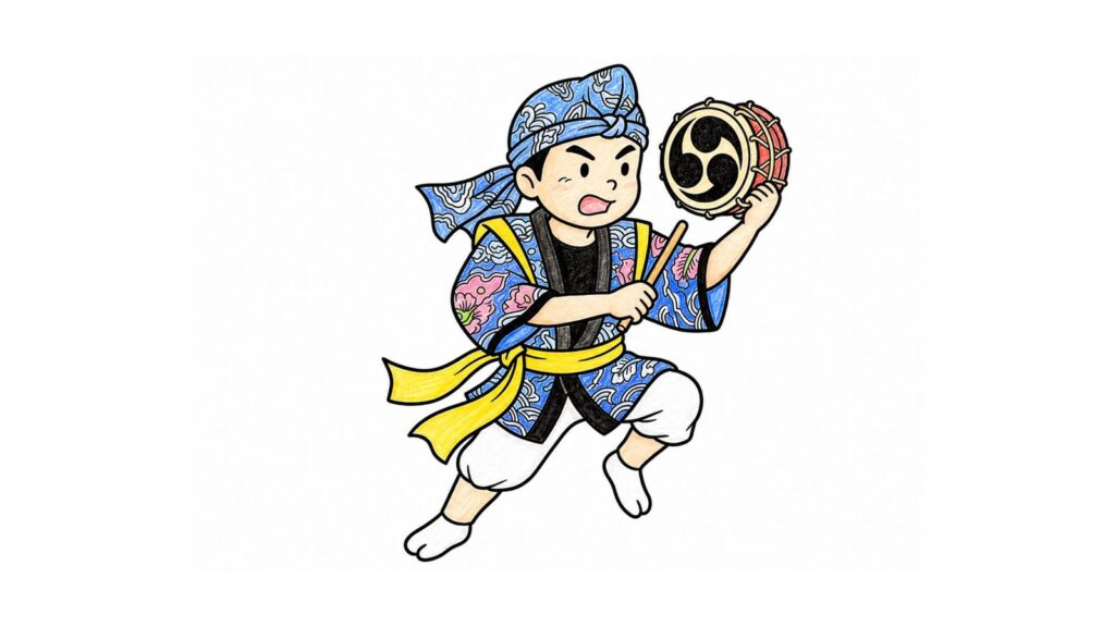 沖縄エイサーの塗り絵イラスト カラー見本（無料・印刷OK）