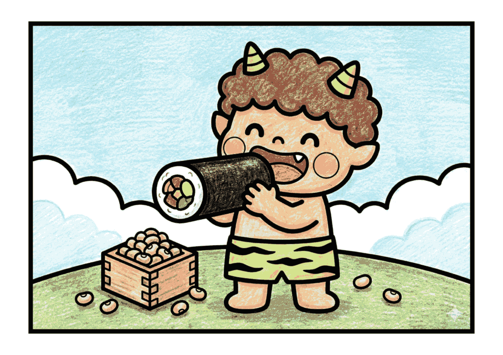 鬼と恵方巻きのぬりえPDF｜無料ダウンロード｜塗り絵イラスト｜節分素材｜幼児向け