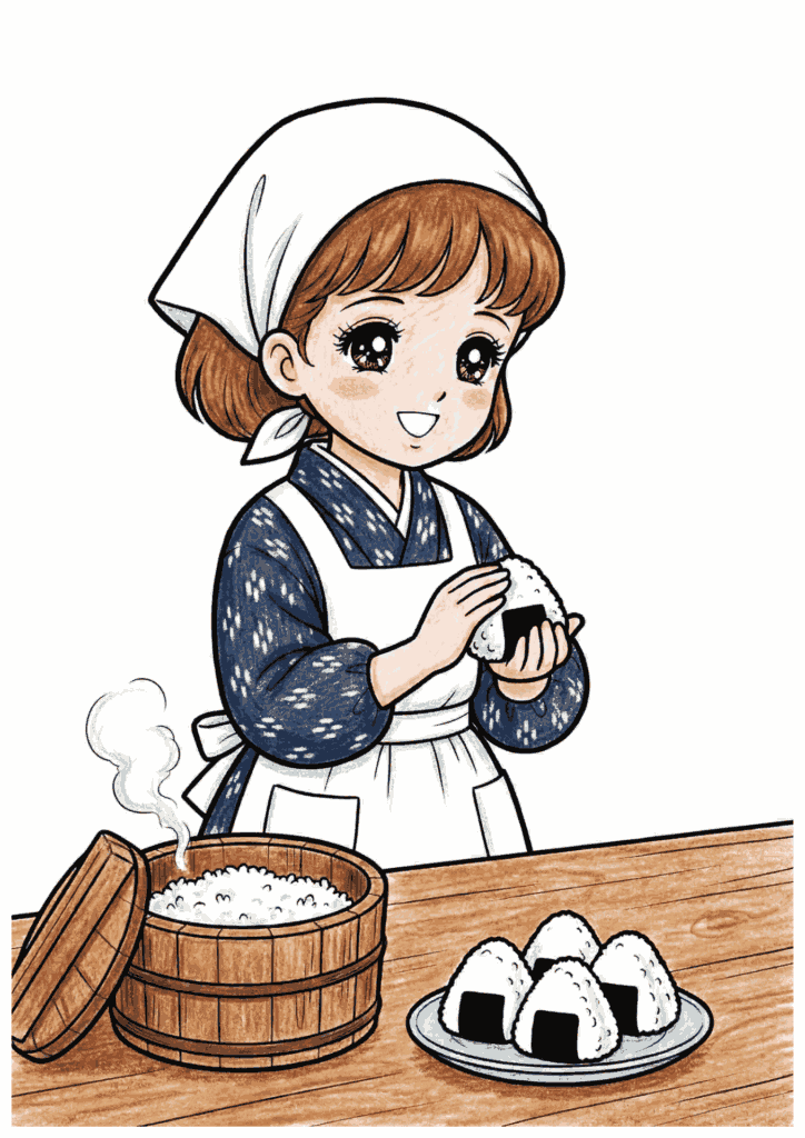 割烹着姿でおにぎりを握るぬりえの塗り絵 カラー見本 無料ダウンロード