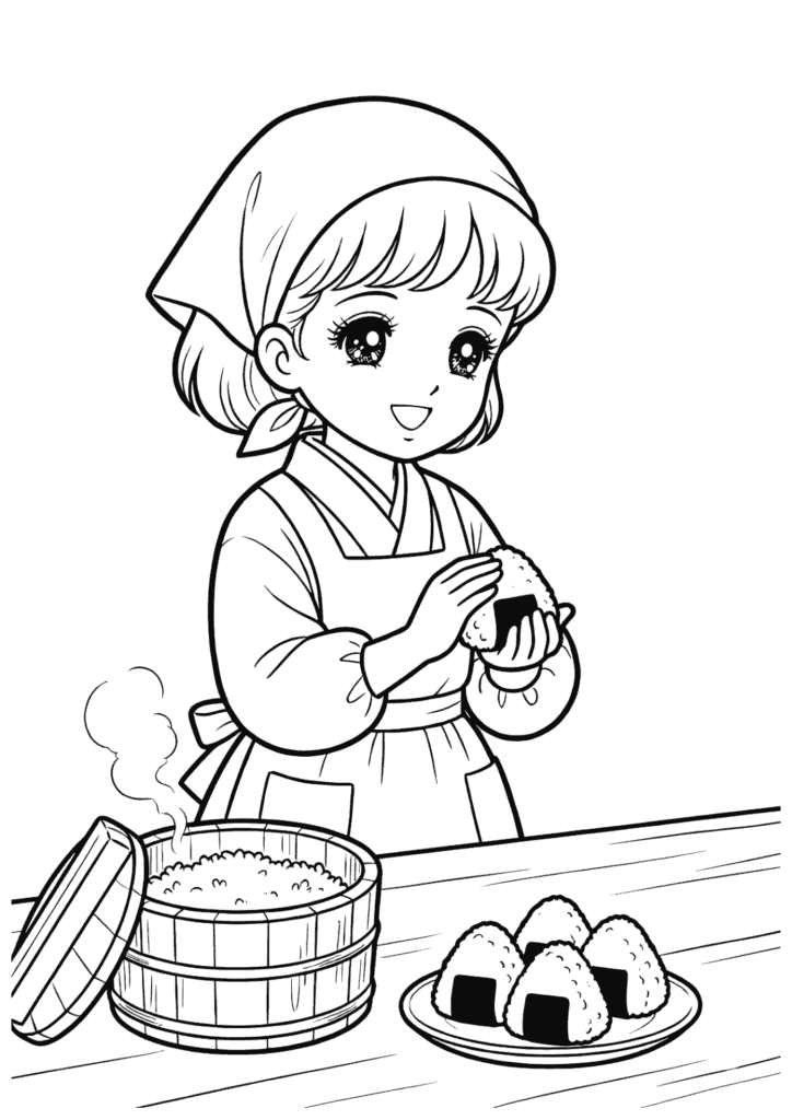 割烹着姿でおにぎりを握るぬりえの塗り絵 白黒 無料ダウンロード 印刷用
