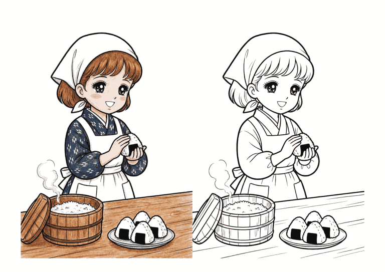 割烹着姿でおにぎりを握るの塗り絵イラスト