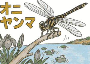 オニヤンマの塗り絵イラスト カラー見本｜水辺の風景 無料ダウンロード