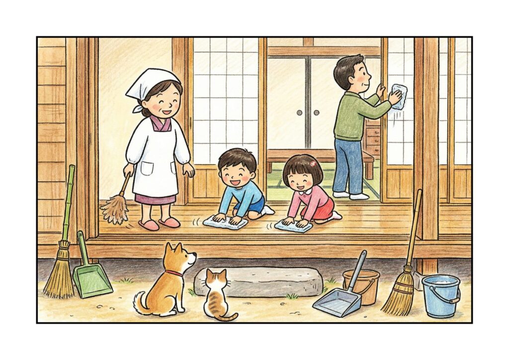 年末大掃除の塗り絵イラスト カラー見本（無料・印刷OK）