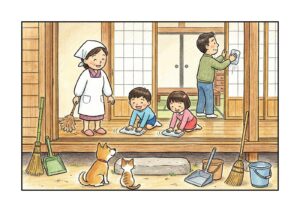 年末大掃除の塗り絵イラスト カラー見本（無料・印刷OK）