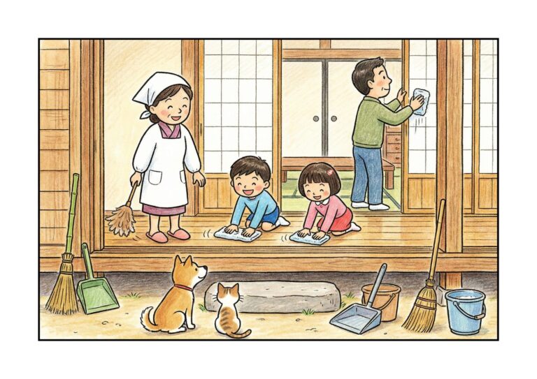 年末大掃除の塗り絵イラスト