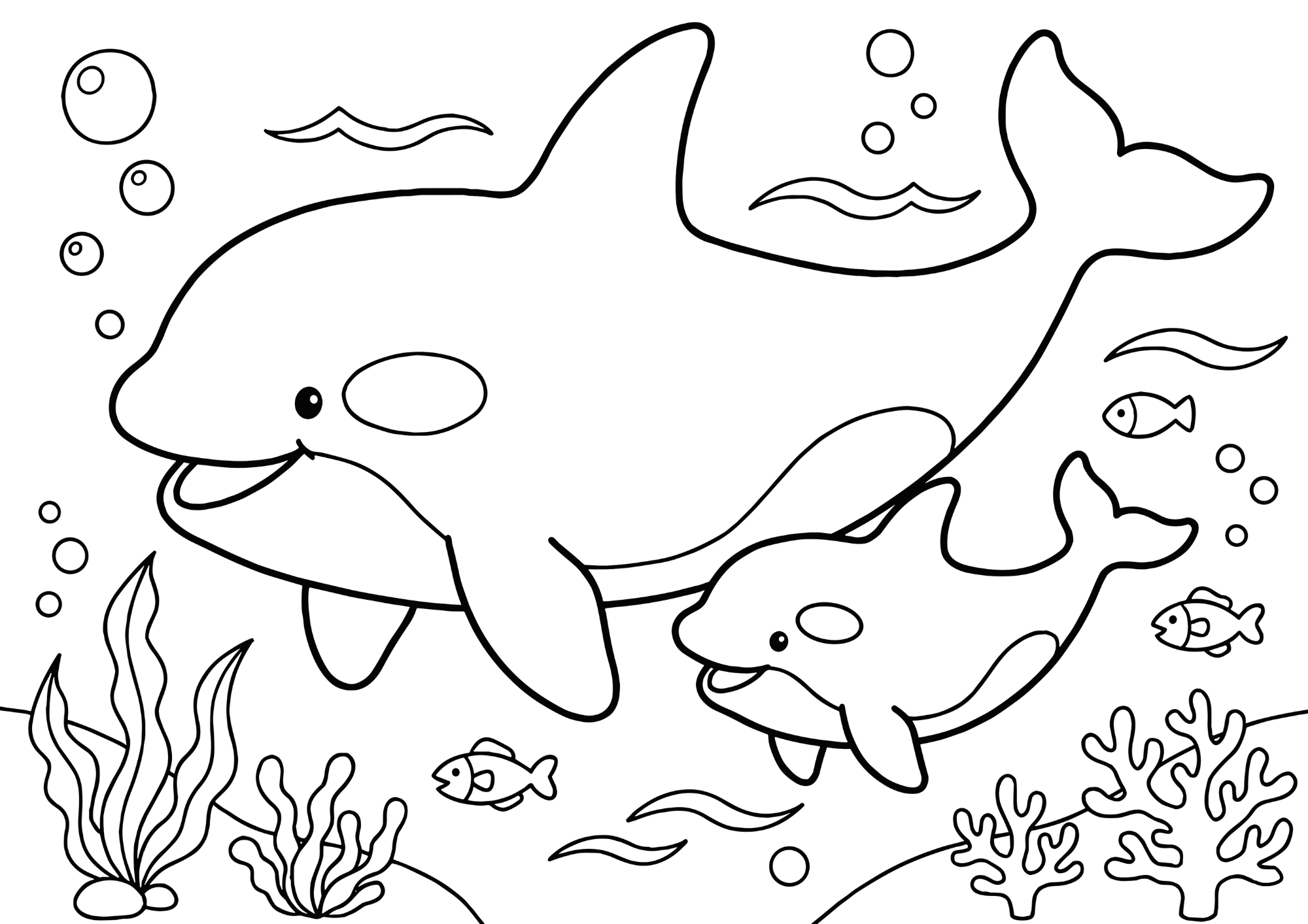 かわいい親子シャチの塗り絵イラスト 白黒 無料ダウンロード 印刷用