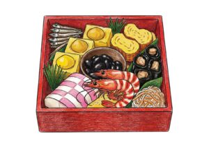 おせち料理のぬりえイラストの塗り絵イラスト カラー見本（無料・印刷OK）