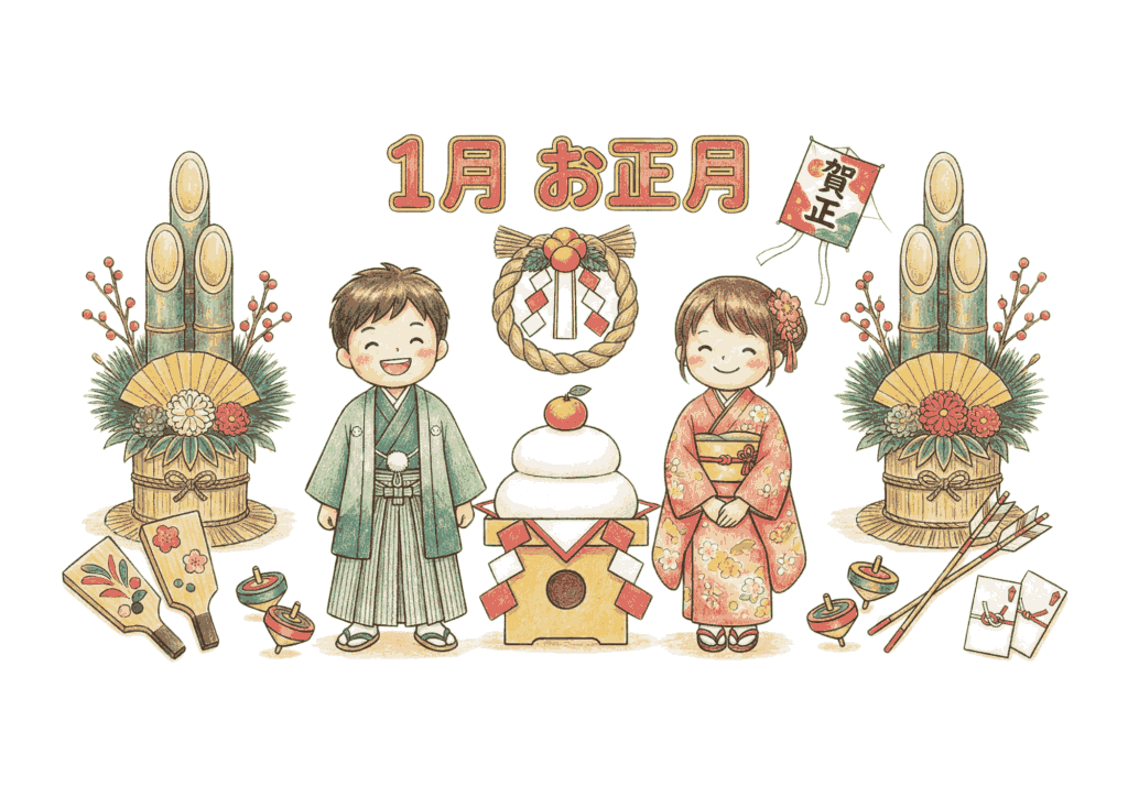 1月の塗り絵イラスト｜お正月の縁起物いっぱい｜無料ダウンロード｜フリー画像素材