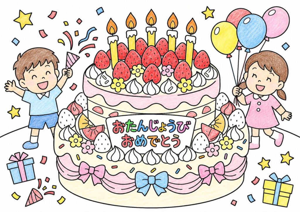 お誕生日ケーキの塗り絵イラスト カラー見本（無料・印刷OK）