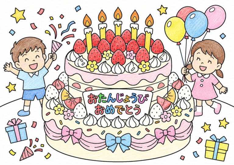 お誕生日ケーキの塗り絵イラスト