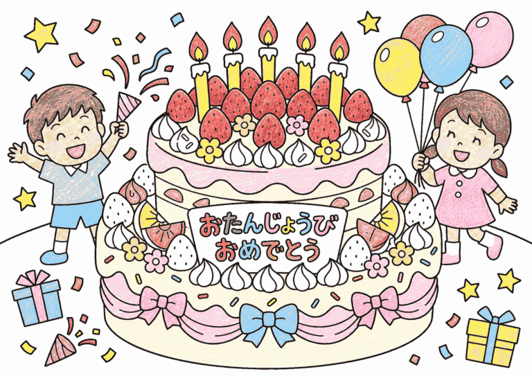 お誕生日ケーキの塗り絵イラスト