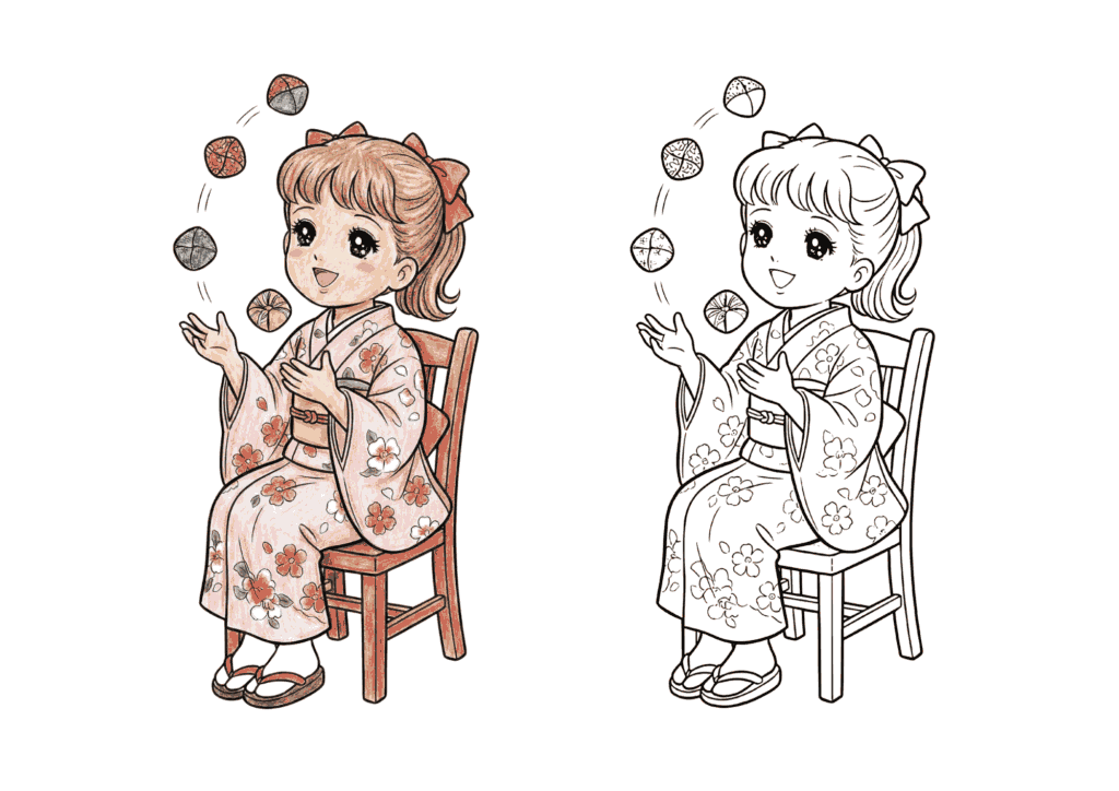 お手玉をする昭和風の女の子のイラスト｜無料ダウンロード｜塗り絵イラスト｜フリー画像｜素材