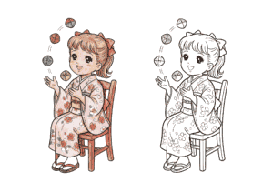 お手玉をする昭和風の女の子のイラスト｜無料ダウンロード｜塗り絵イラスト｜フリー画像｜素材