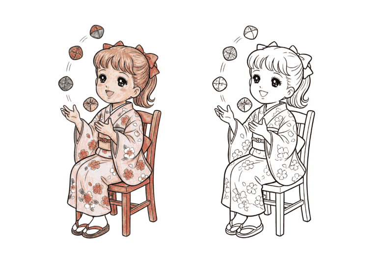 昔懐かしいお手玉遊びの塗り絵イラスト