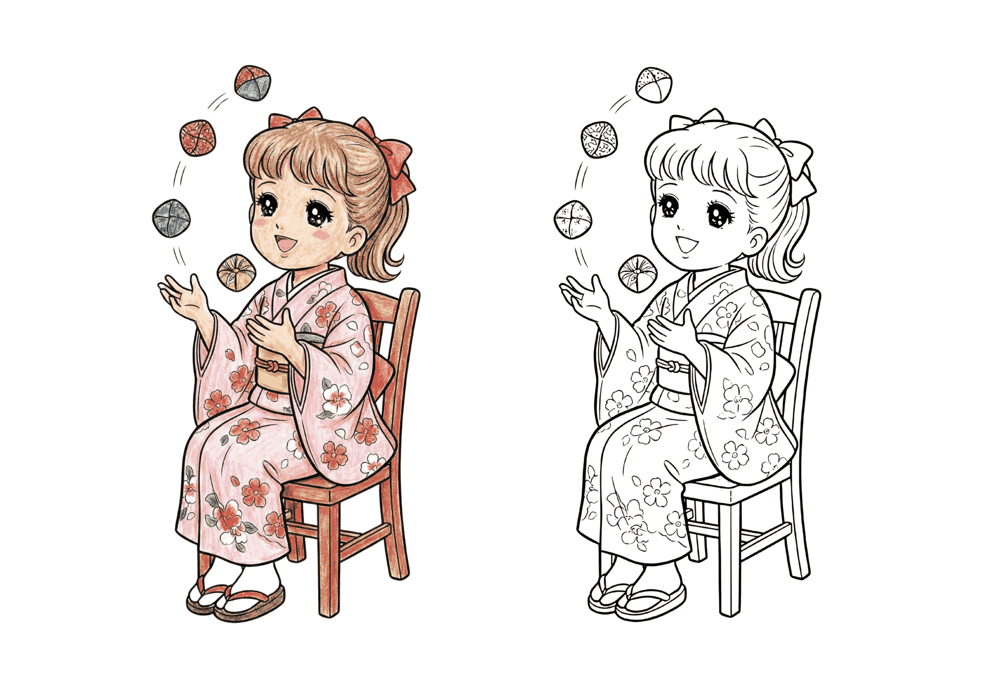 昔懐かしいお手玉遊びの塗り絵イラスト｜高齢者・大人・子供向け 無料ダウンロード（塗り絵フリー画像素材）