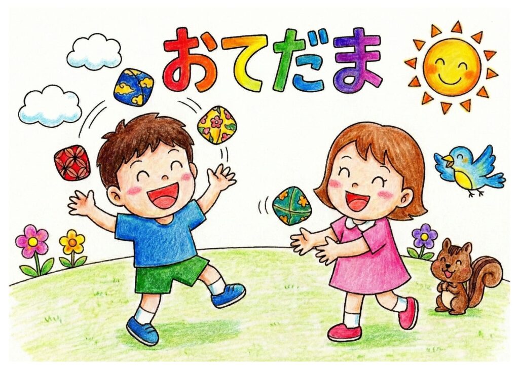 昔遊び「おてだま」の塗り絵イラスト カラー見本（無料・印刷OK）