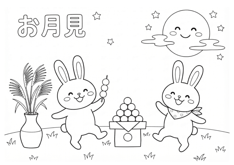 お月見だんごとうさぎの塗り絵イラスト 白黒線画 印刷用(無料)