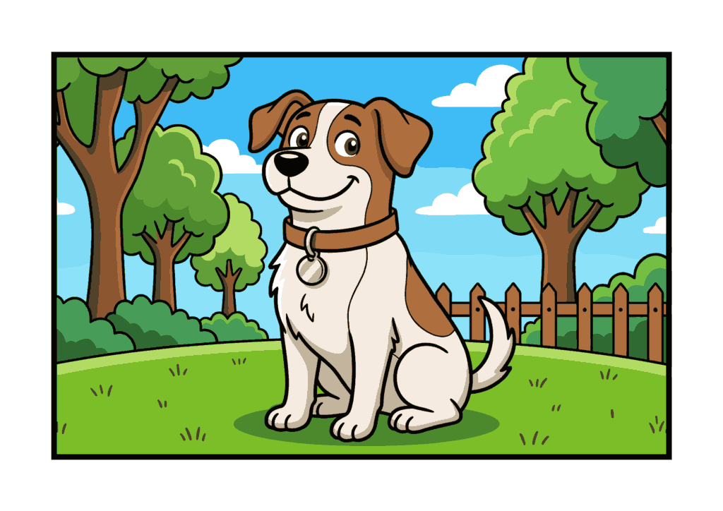 公園にいる笑顔の犬のぬりえ見本｜子供向け動物イラスト