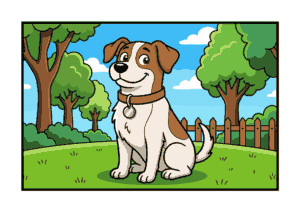 公園にいる笑顔の犬のぬりえ見本｜子供向け動物イラスト