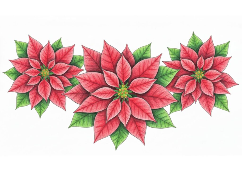 12月の花ポインセチアの塗り絵イラスト カラー見本（無料・印刷OK）