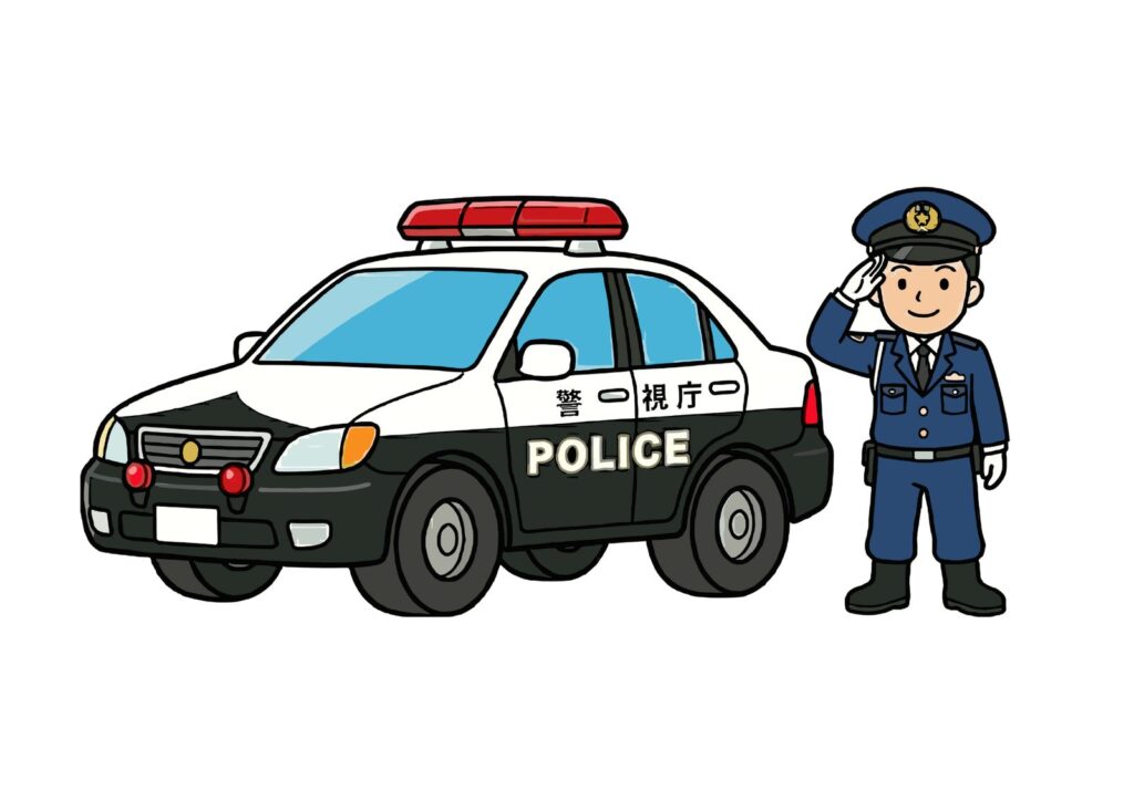 パトカーと警察官のぬりえイラストの塗り絵イラスト カラー見本（無料・印刷OK）