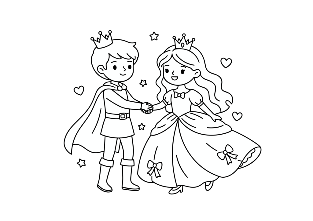王子とお姫様の塗り絵イラスト 白黒 無料ダウンロード 印刷用