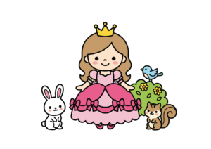かわいいプリンセスと動物の塗り絵イラスト