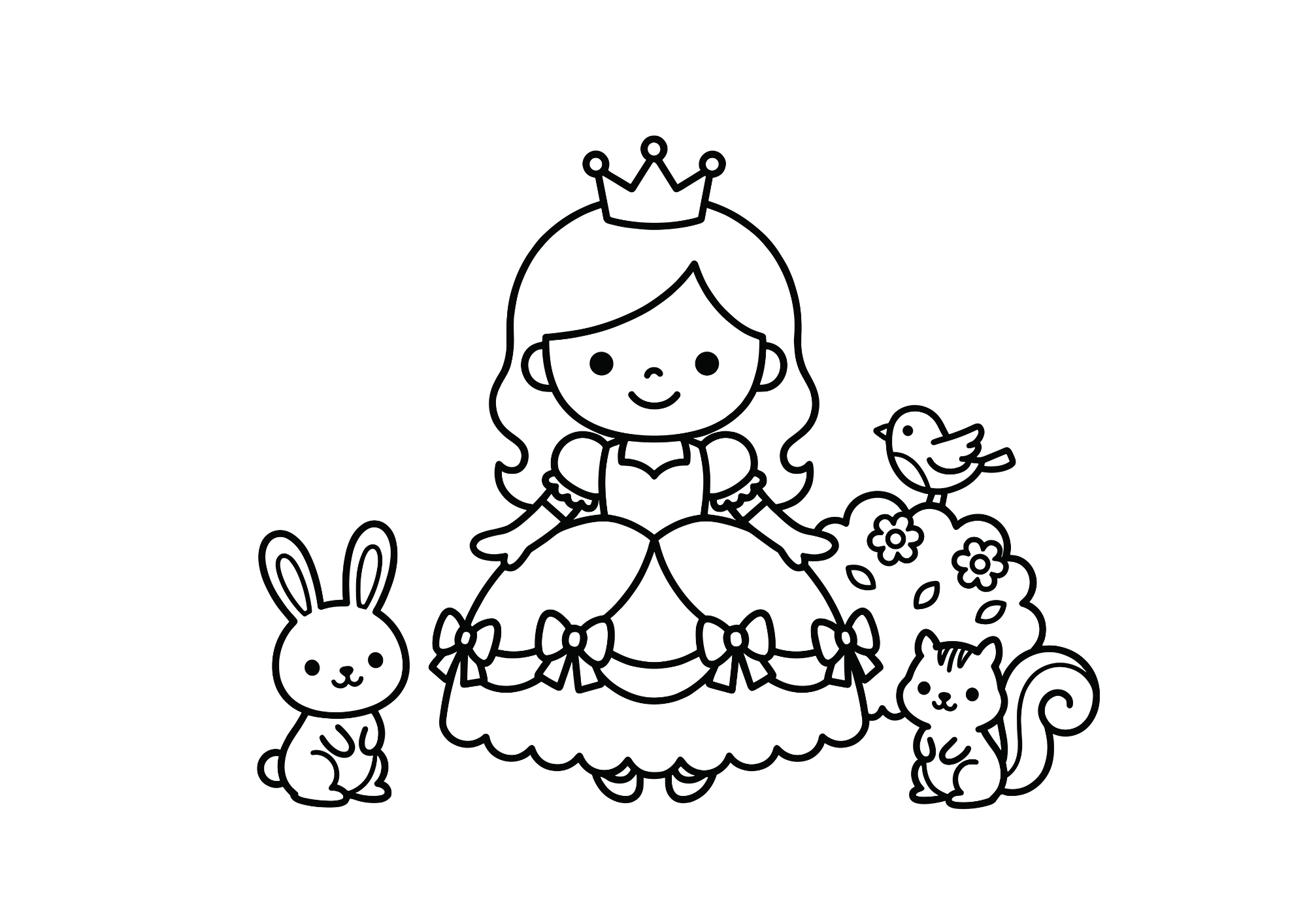 プリンセスと動物の塗り絵イラスト 白黒 無料ダウンロード 印刷用