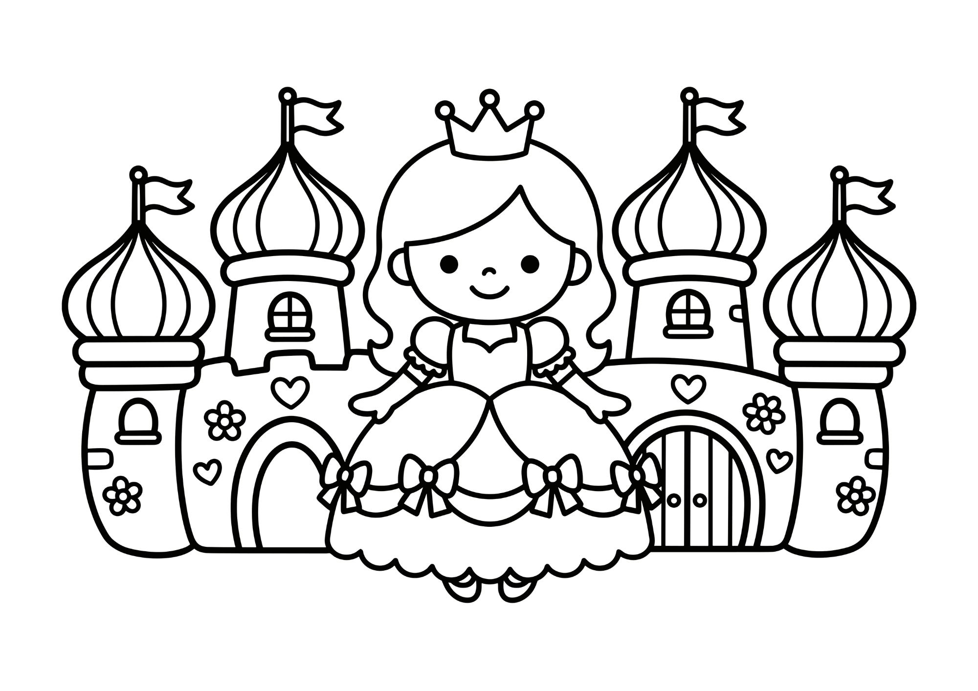 プリンセスとお城の塗り絵イラスト 白黒 無料ダウンロード 印刷用