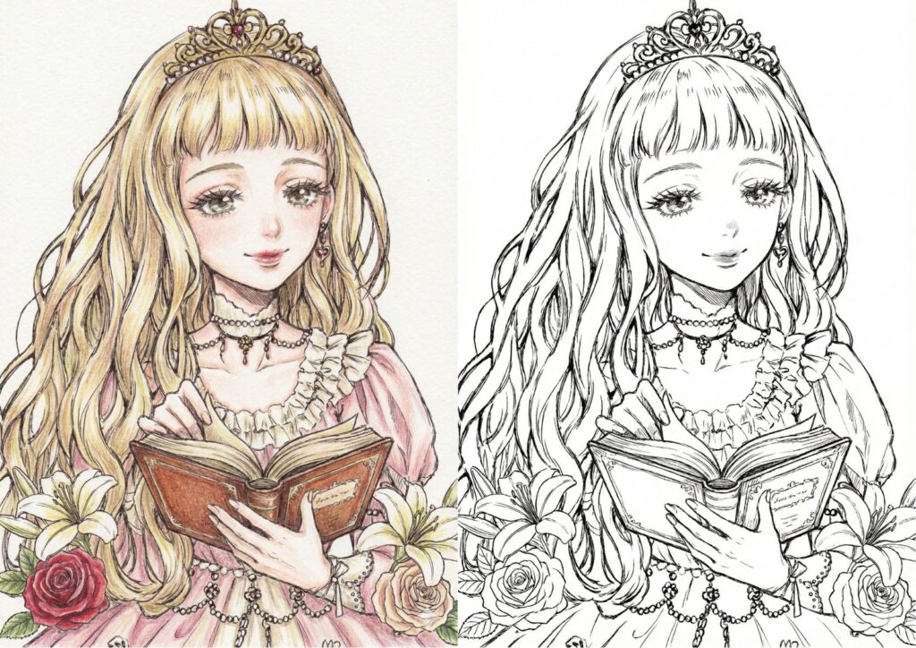 プリンセスの塗り絵イラスト カラー見本（無料・印刷OK）