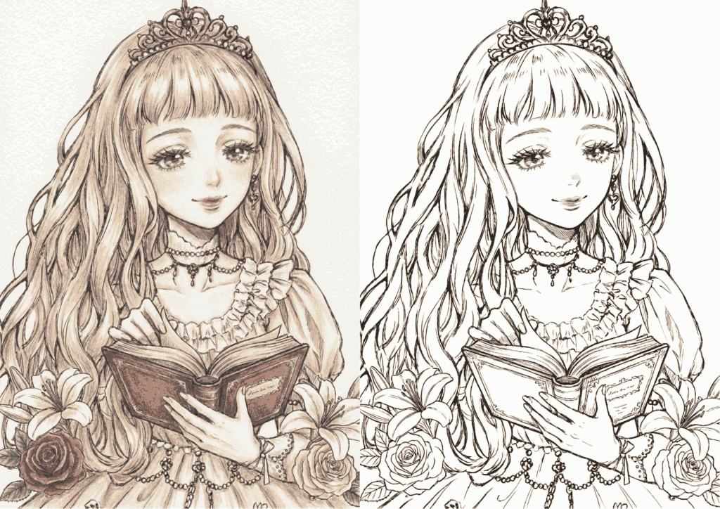読書をするプリンセスの無料ぬりえイラスト｜大人向け｜繊細で美しい線画｜優雅なドレスと花｜ダウンロード