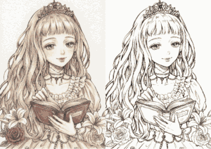 読書をするプリンセスの無料ぬりえイラスト｜大人向け｜繊細で美しい線画｜優雅なドレスと花｜ダウンロード