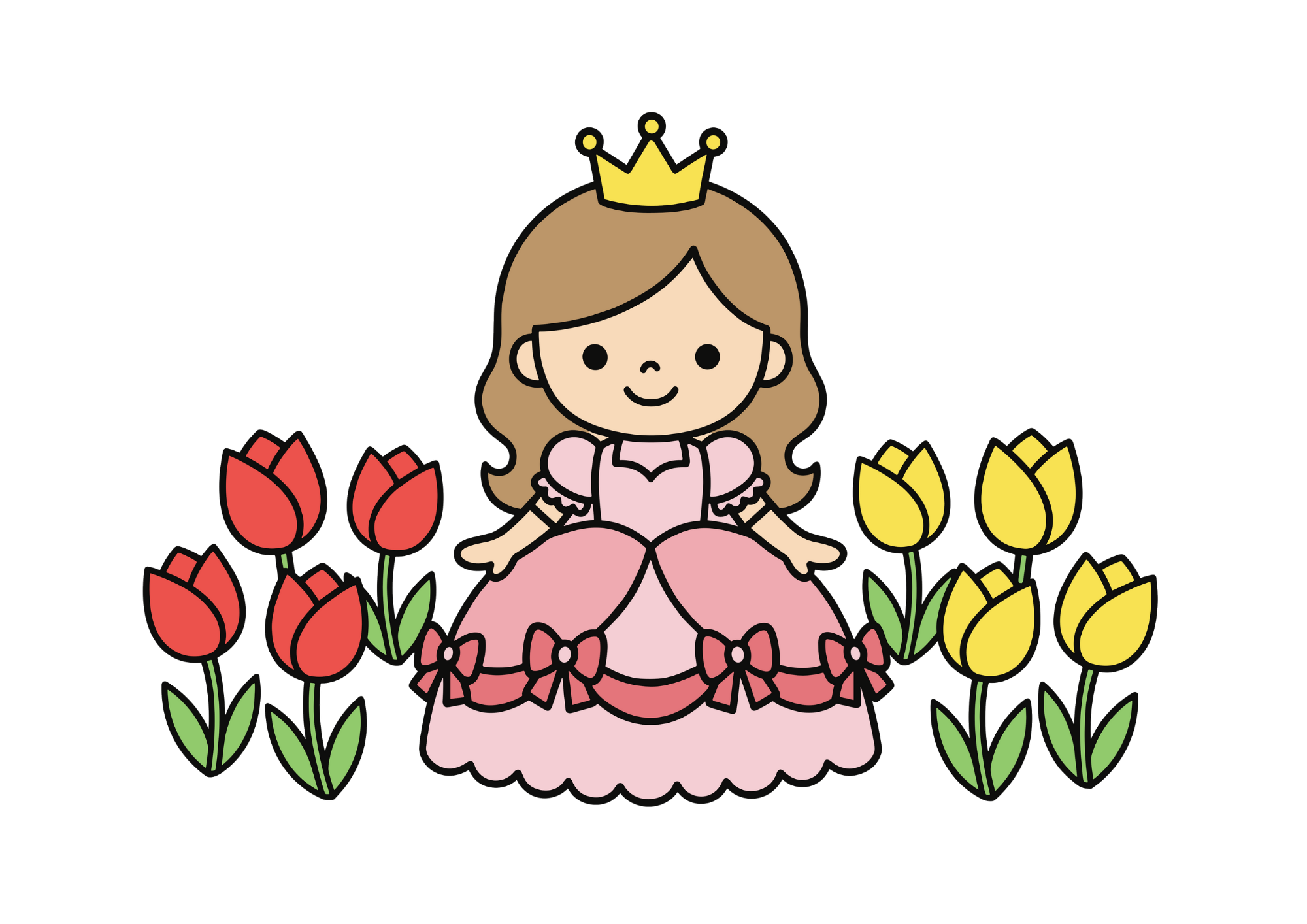 お花に囲まれたお姫さまの塗り絵イラスト