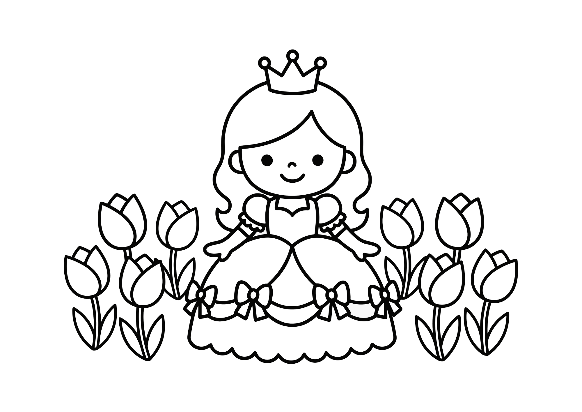 お花に囲まれたお姫さまの塗り絵イラスト 白黒 無料ダウンロード 印刷用