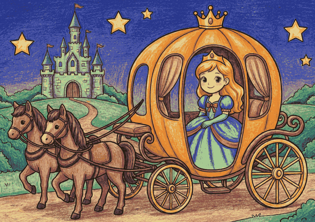 小学生向け少し難しいプリンセスの塗り絵イラスト（かぼちゃの馬車・お城・星空背景）