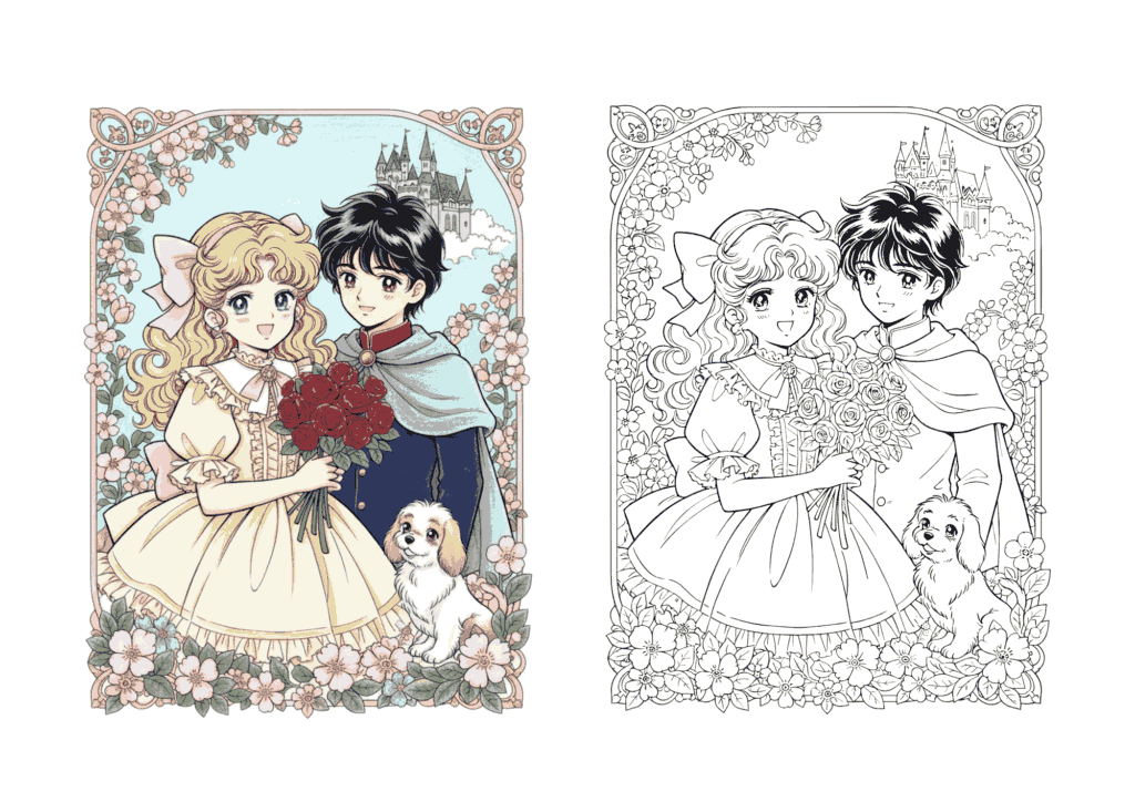プリンセスの無料ぬりえイラスト｜子供〜大人の女性向け｜昭和レトロ｜お姫様シリーズ｜ダウンロード
