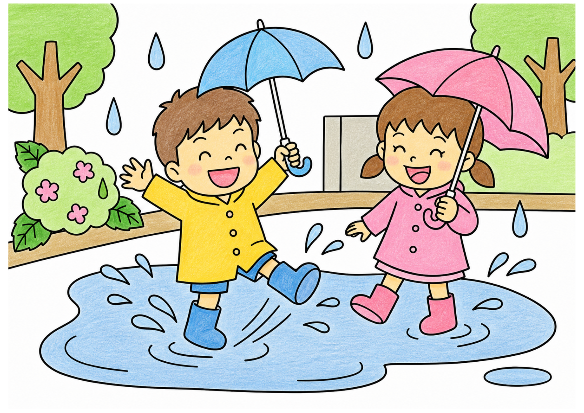 水たまりで水遊びの塗り絵カラー見本、子供向け無料イラスト