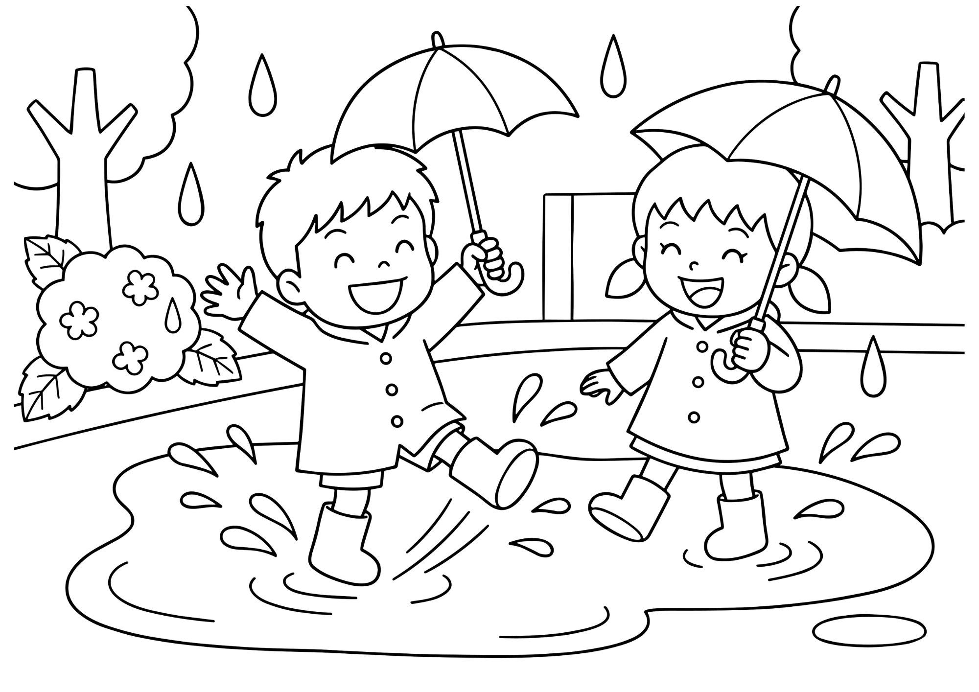 水たまりで水遊びの塗り絵白黒、子供向け無料印刷