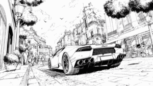 ランボルギーニと町並みの塗り絵で創造力を豊かに！の塗り絵イラスト 塗り絵 白黒 印刷用